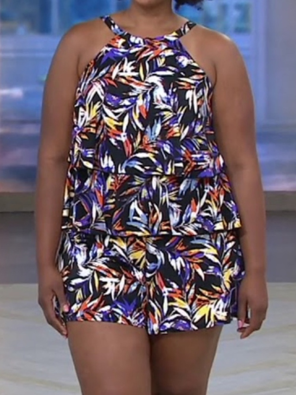 Fit 4 U Tropical High Neck Multicolor Tiered Swimsuit Romper Size 26W